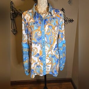 BOSTON PROPER Blue and Gold Patterned Blouse w/Puff Sleeves